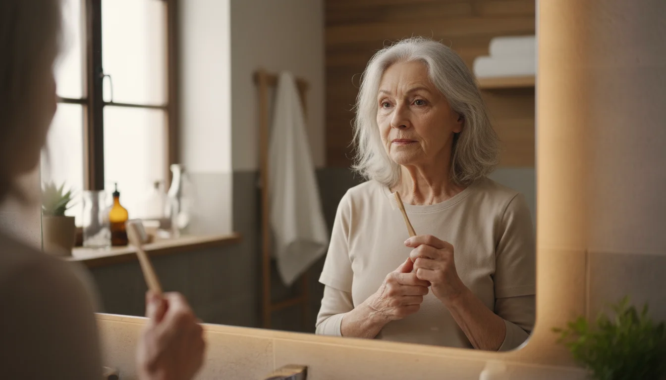 An older woman in a sunlit bathroom mirror, gently holding a toothbrush with hands showing signs of aging.