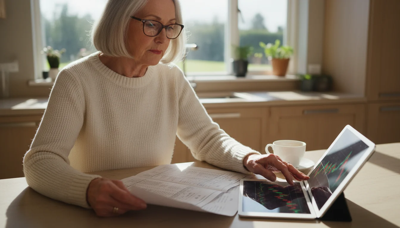 An older woman at a sunlit kitchen island examines a financial statement and a tablet showing a stock market graph, weighing her options.