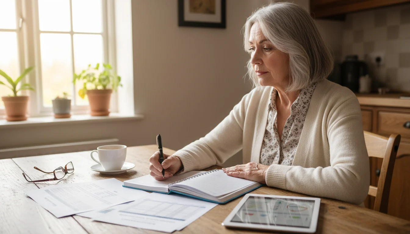 An older woman in a sunlit kitchen reviews financial documents and a tablet with a calm, focused expression.