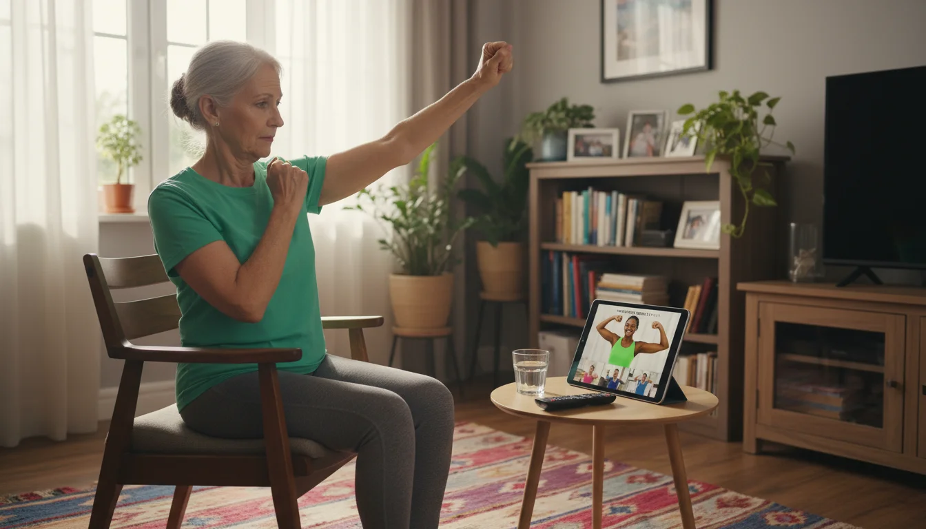 Older woman in a sunlit living room, seated on a chair, gently raising her arm while watching a clear fitness instructor on a tablet.