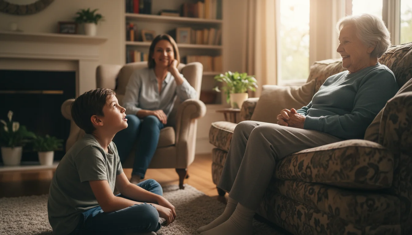 An older woman tells a story to an attentive young boy and an adult in a warm living room, all smiling and engaged.