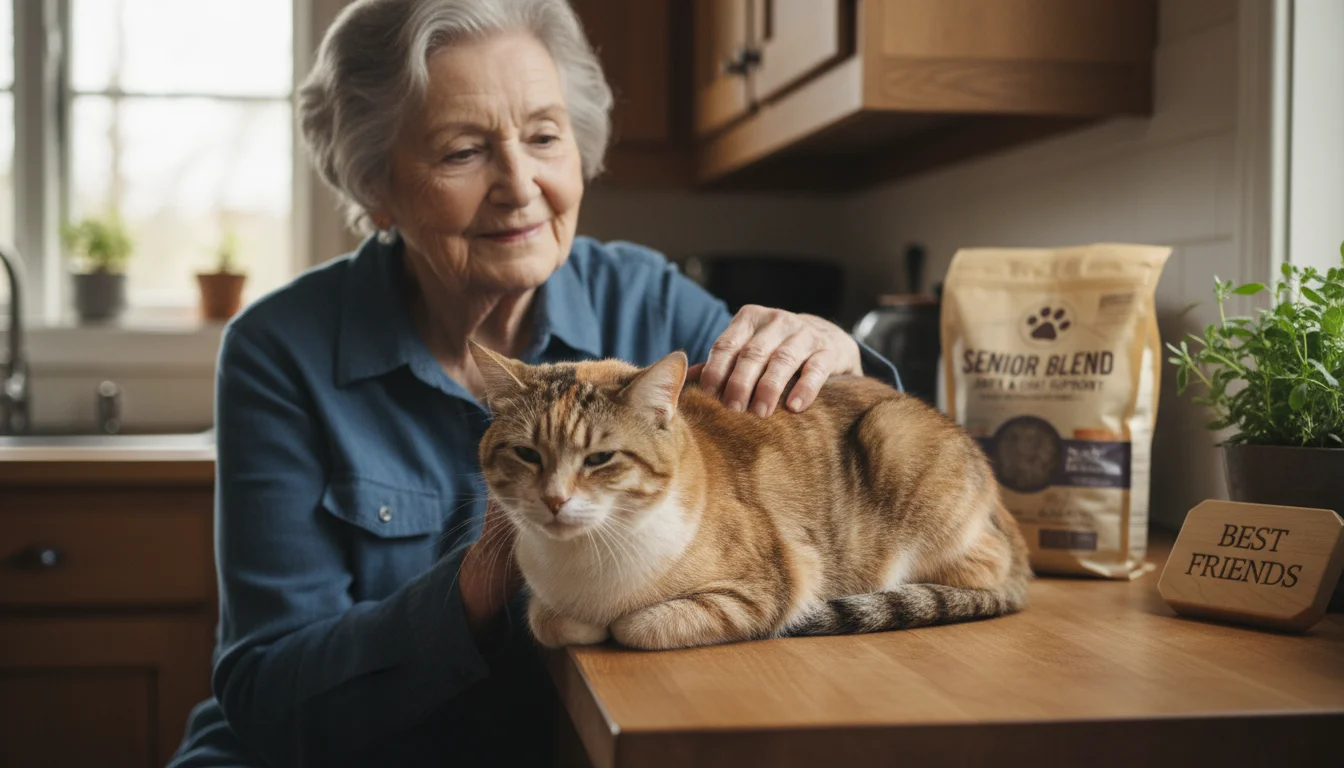 An older woman tenderly strokes her tabby cat, a specialized pet food bag and mail visible in the background.