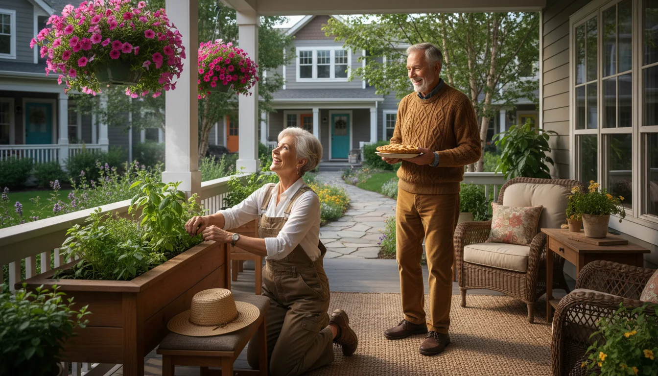 An older woman tends porch plants as her male neighbor approaches with groceries, both smiling warmly.