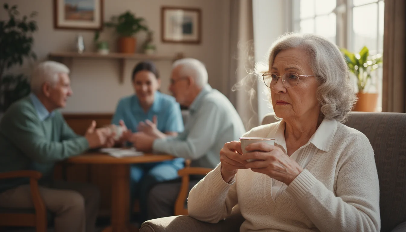 An older woman with a thoughtful expression observes residents interacting naturally in a senior living community common area.