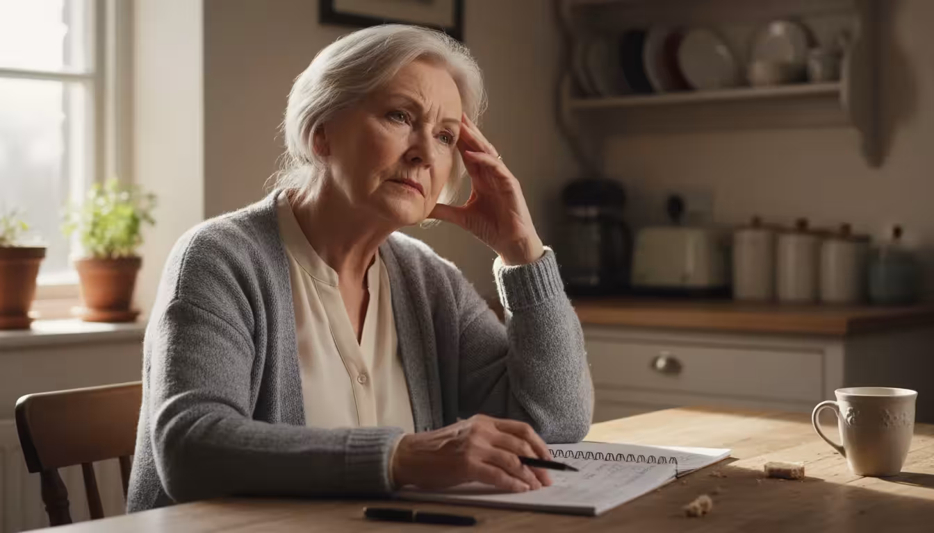 Older woman with a thoughtful expression touching her temple at a kitchen table with an open notebook and pen.