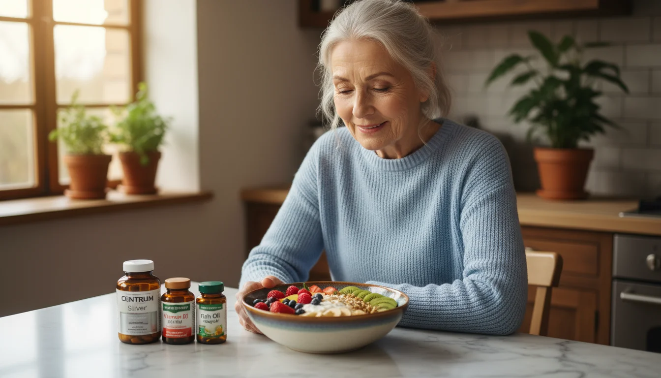Older woman thoughtfully looking at a healthy breakfast and supplement bottles on a bright kitchen island.