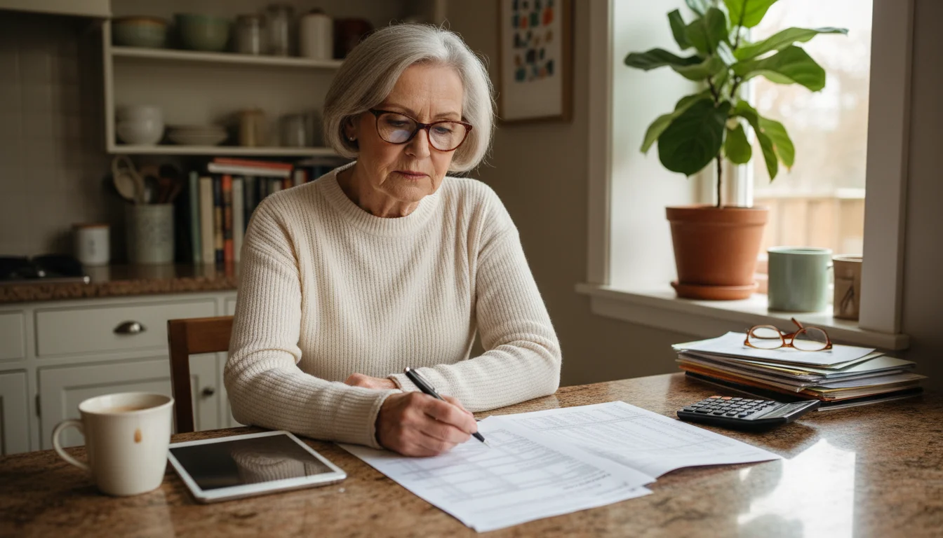 An older woman thoughtfully reviews a financial document at her kitchen island.