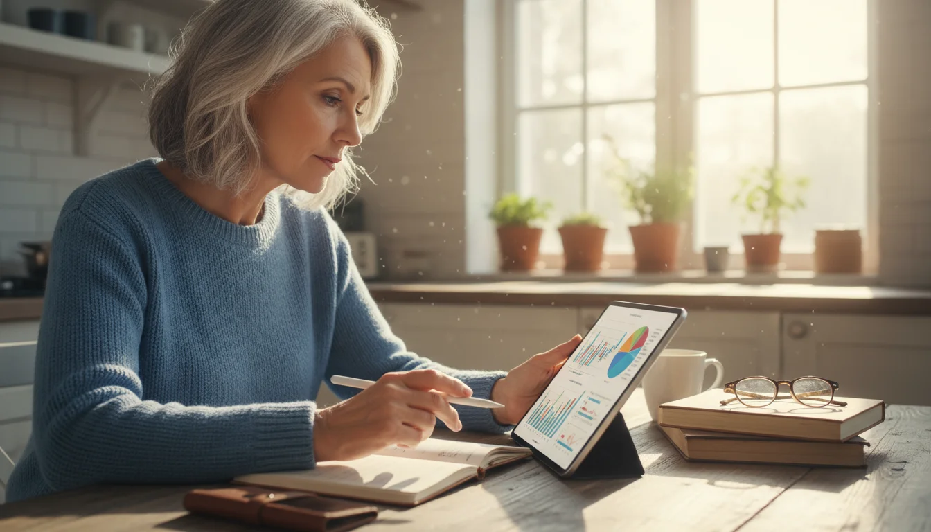 An older woman thoughtfully reviews financial information on a tablet at her sunlit kitchen table, a notebook and pen nearby.