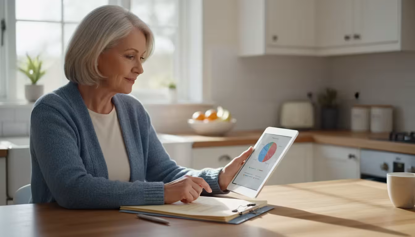 Older woman thoughtfully reviews a tablet with an asset allocation pie chart and physical investment statements on her kitchen island.