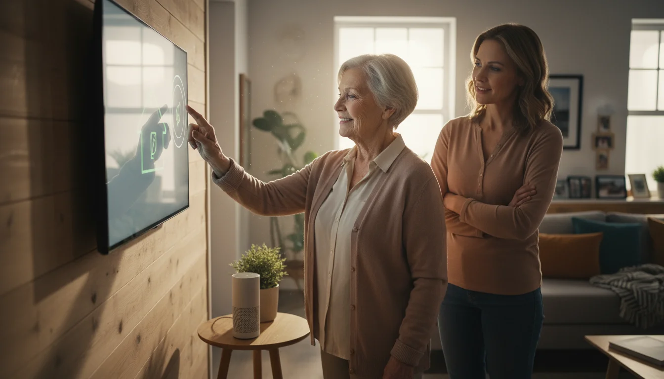 Older woman uses a smart home display on the wall, her adult daughter smiles nearby in a bright, comfortable living room.