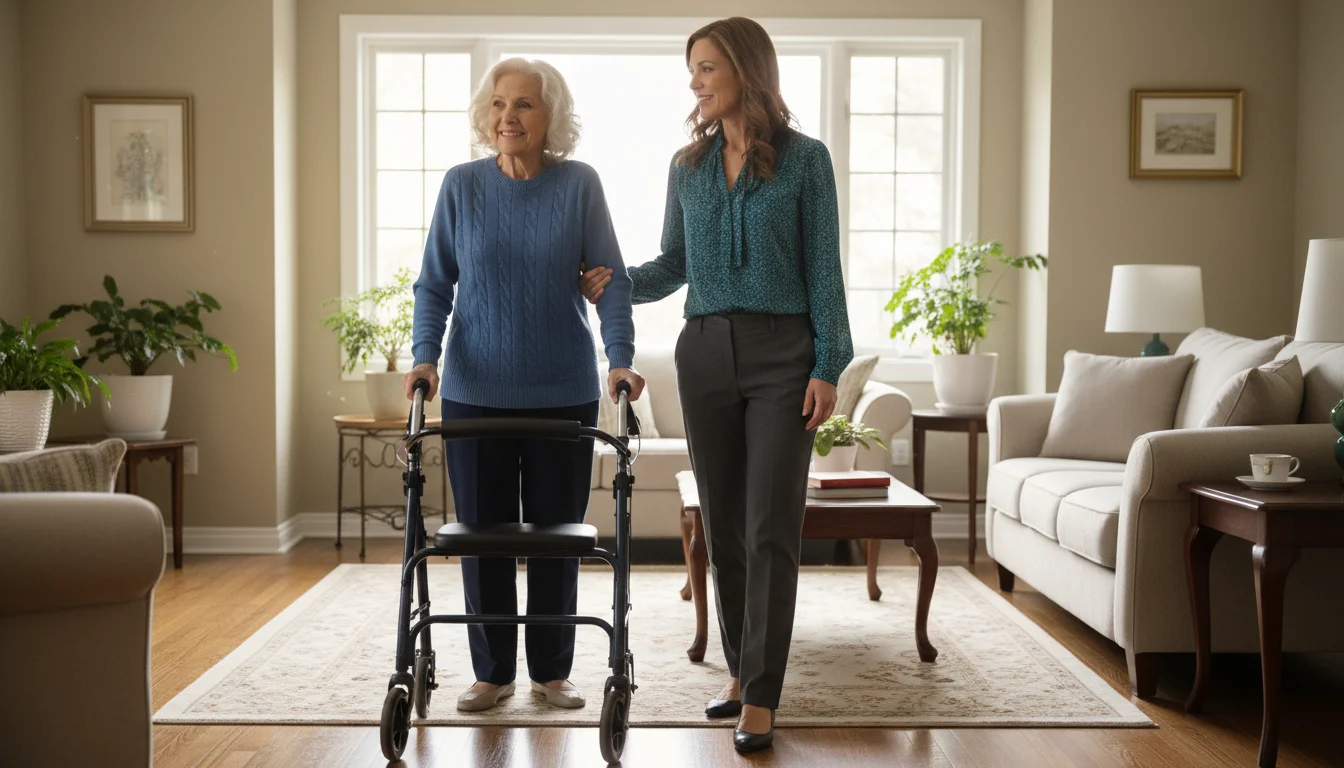 An older woman using a walker and her caregiver walk together in a bright, tidy living room towards a sunny window.