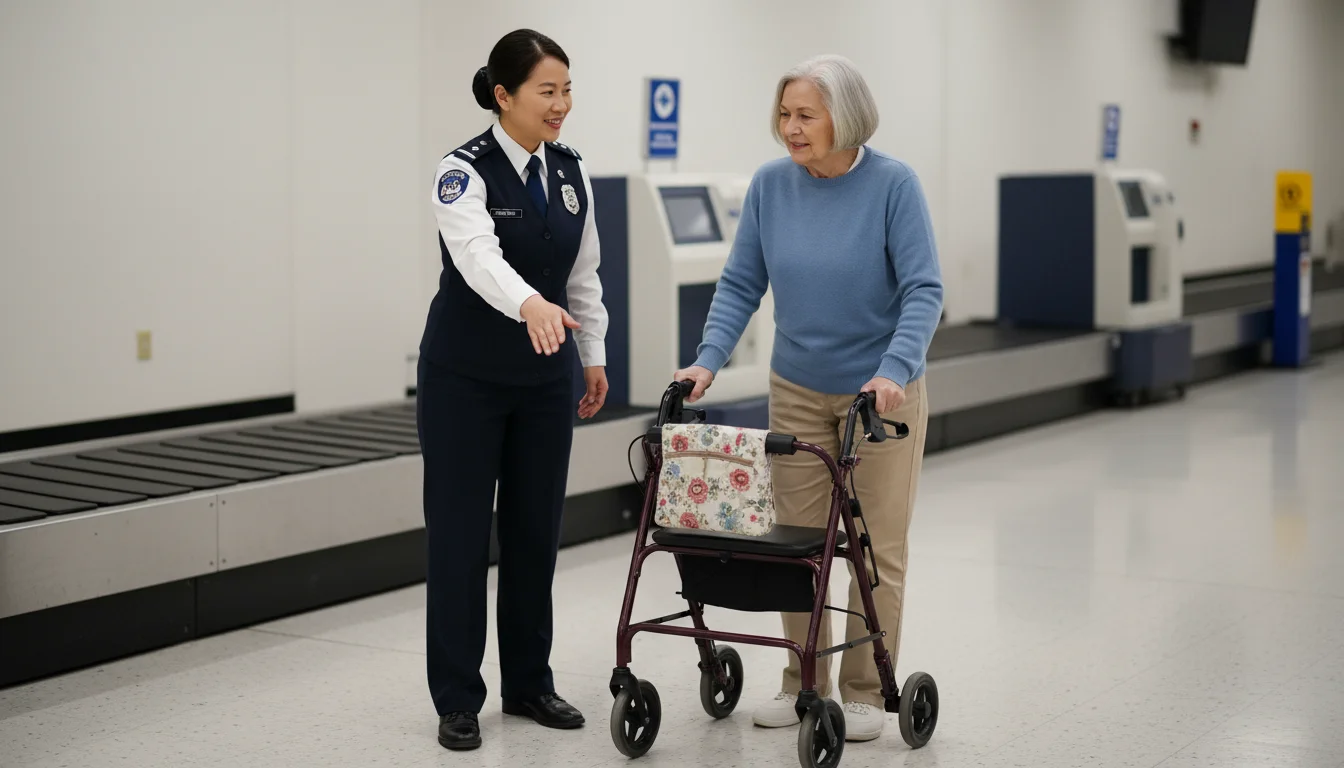 An older woman with a walker receives gentle guidance from a smiling TSA agent in an airport security lane.