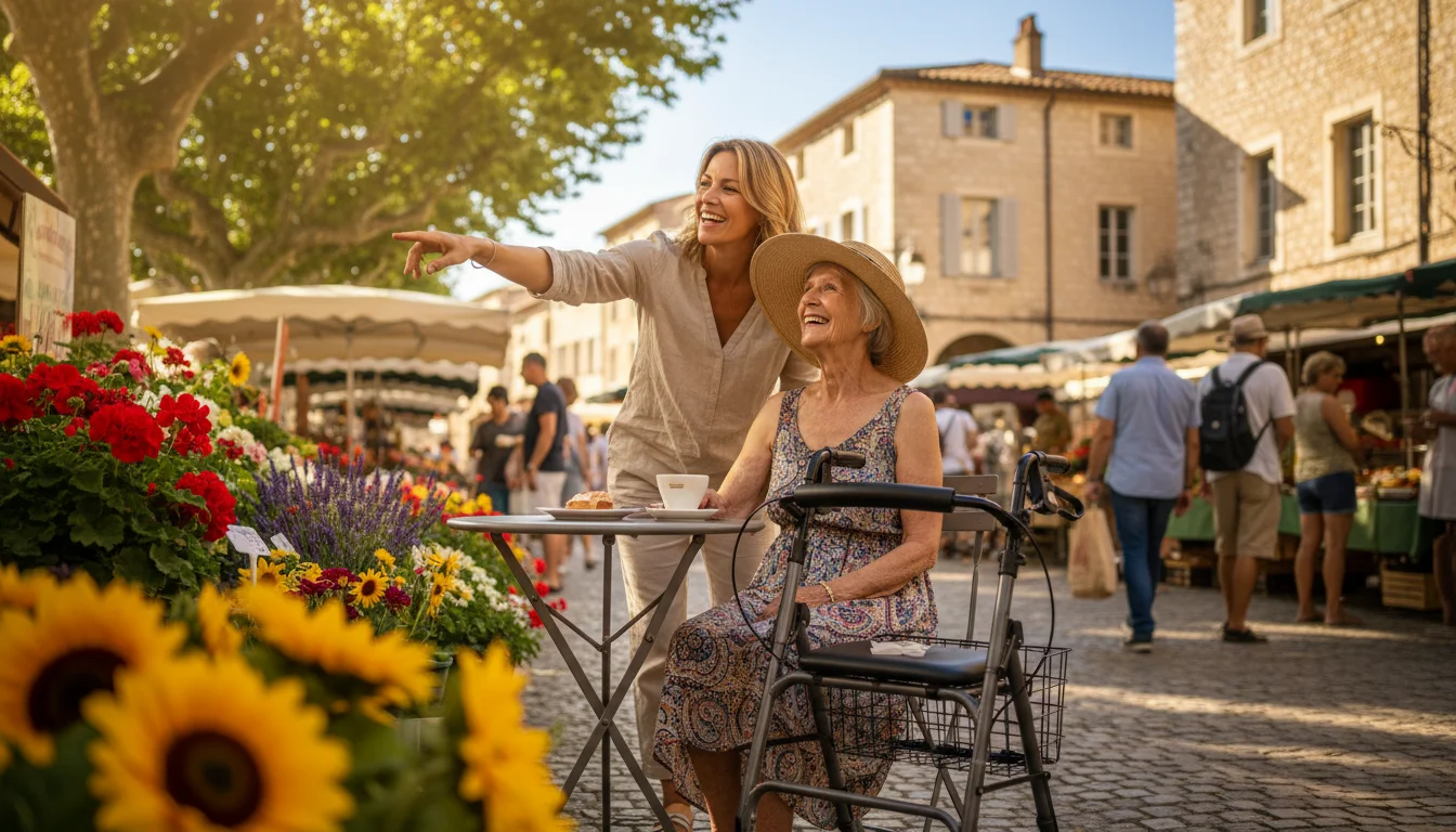 An older woman with a walker sits at an outdoor cafe, smiling up at her daughter pointing towards a vibrant European market.