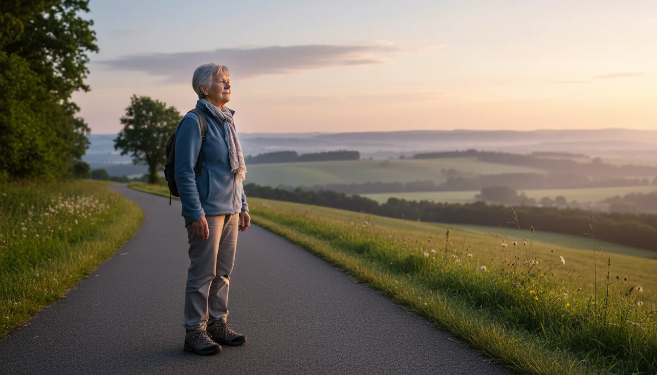 An older woman in walking clothes stands on a path, looking thoughtfully at a distant, peaceful landscape of rolling hills.