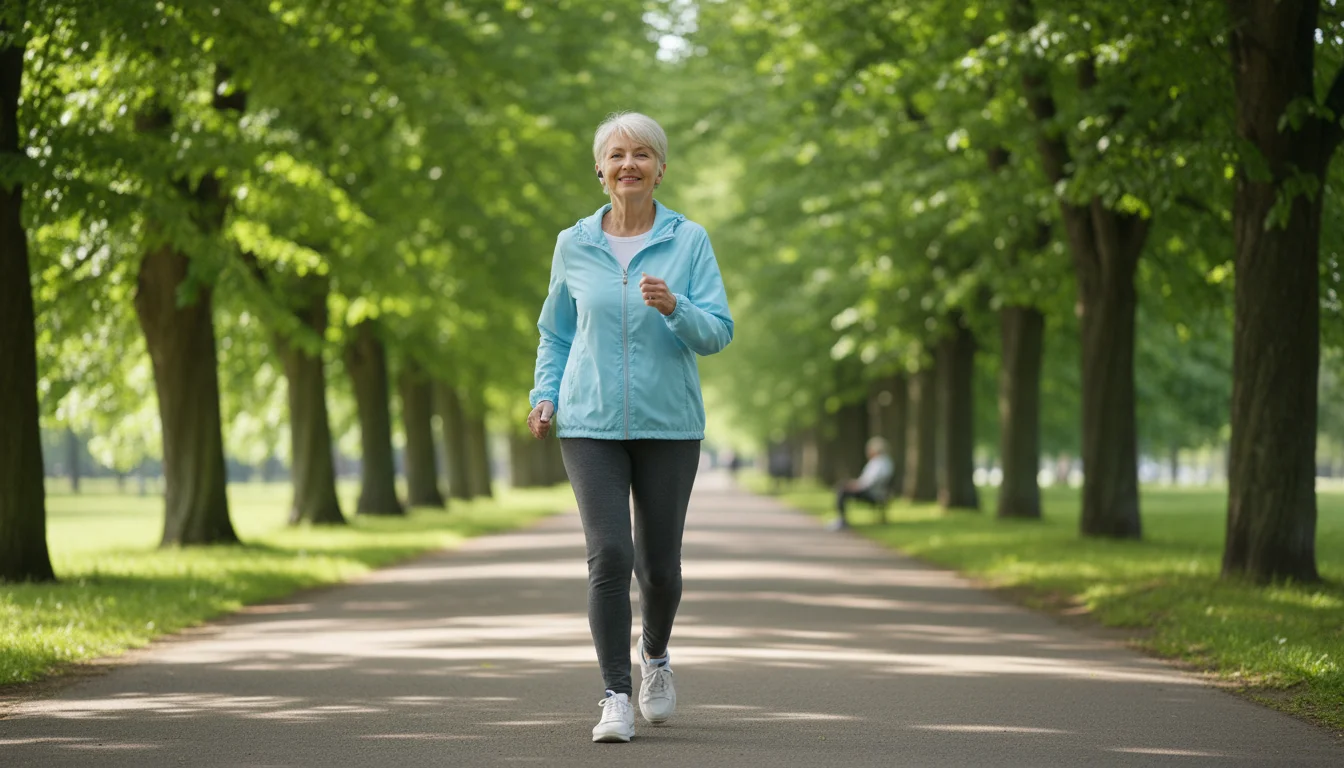 An older woman walks on a sunny park path, smiling slightly with an earbud in her ear, surrounded by trees and blurred people.