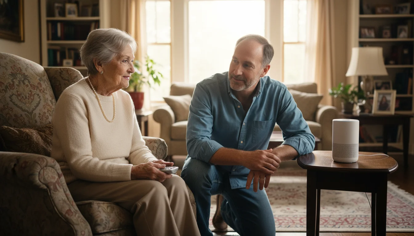 An older woman watches her son patiently explain a small smart speaker.