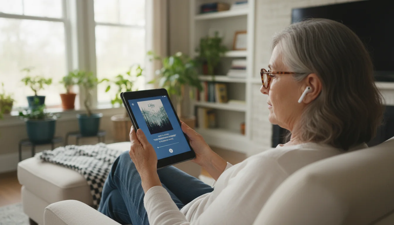 An older woman wearing glasses listens to an audiobook on a tablet in her armchair. A public library card is on a table beside her.