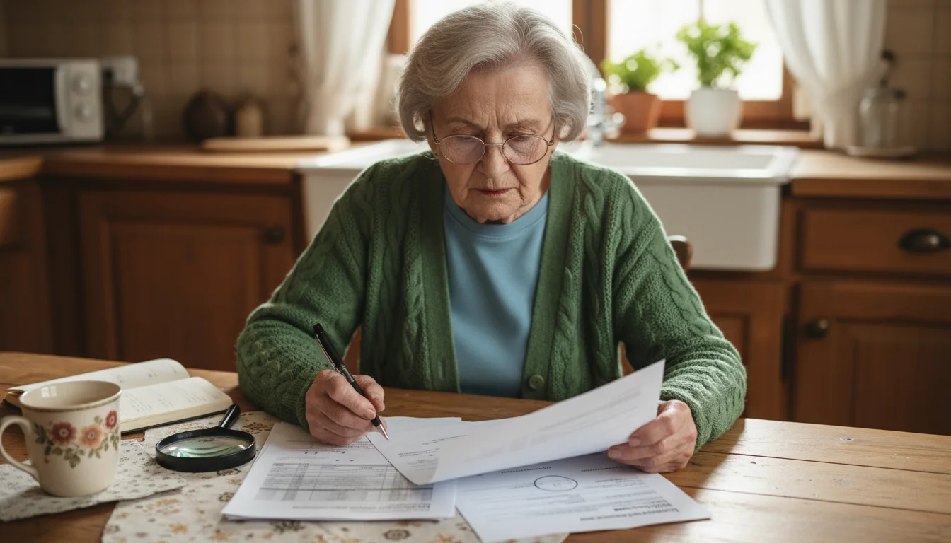 An older woman wearing reading glasses carefully reviews a medical bill or confirmation letter at a kitchen table, pen in hand.