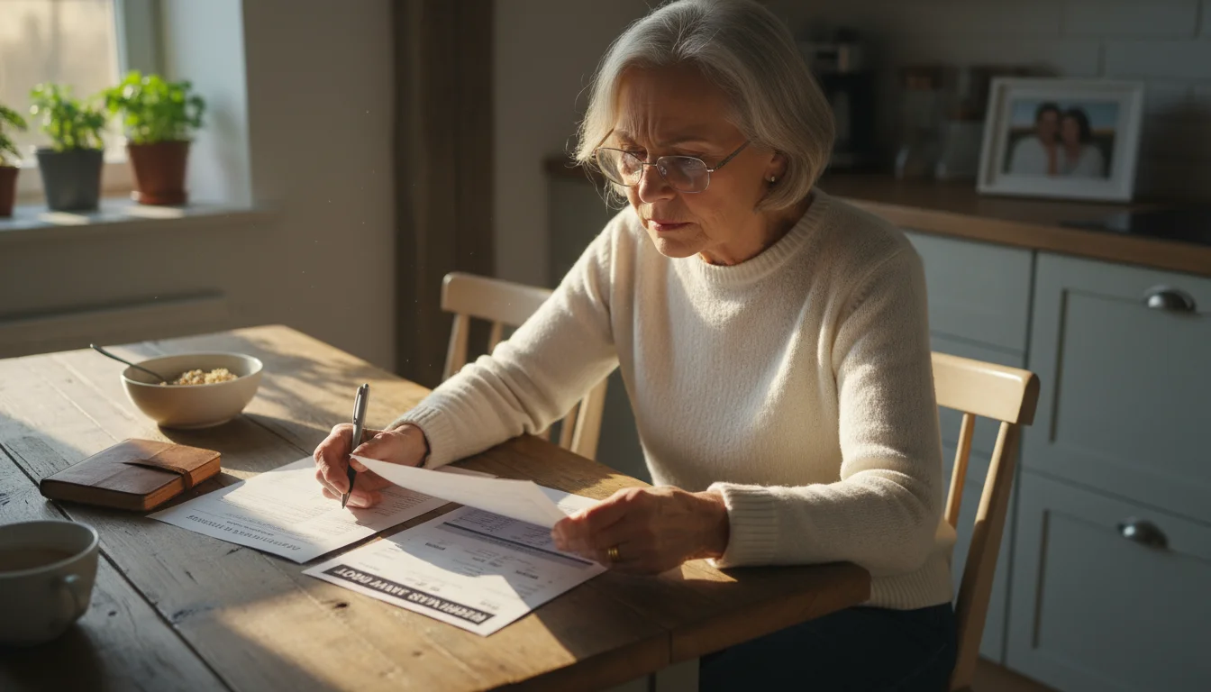 An older woman, wearing reading glasses, thoughtfully reviews a financial statement at a kitchen table with a pen and a mug of tea.
