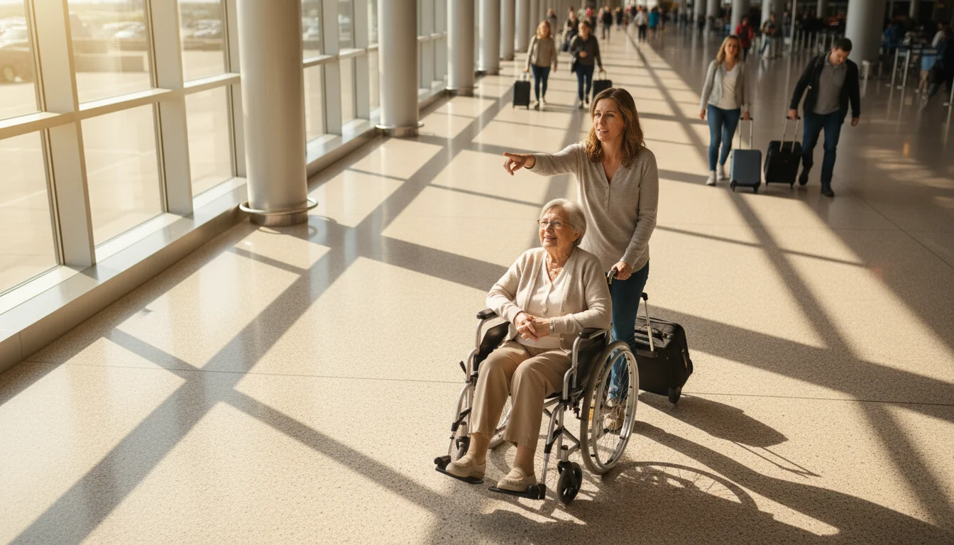 An older woman in a wheelchair smiles as her daughter pushes her through a bright airport terminal, pointing forward.