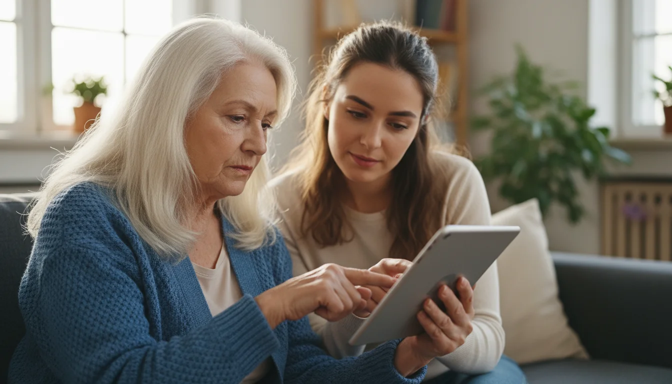 An older woman with white hair and her granddaughter sit closely on a sofa, both focused on information displayed on a tablet screen.