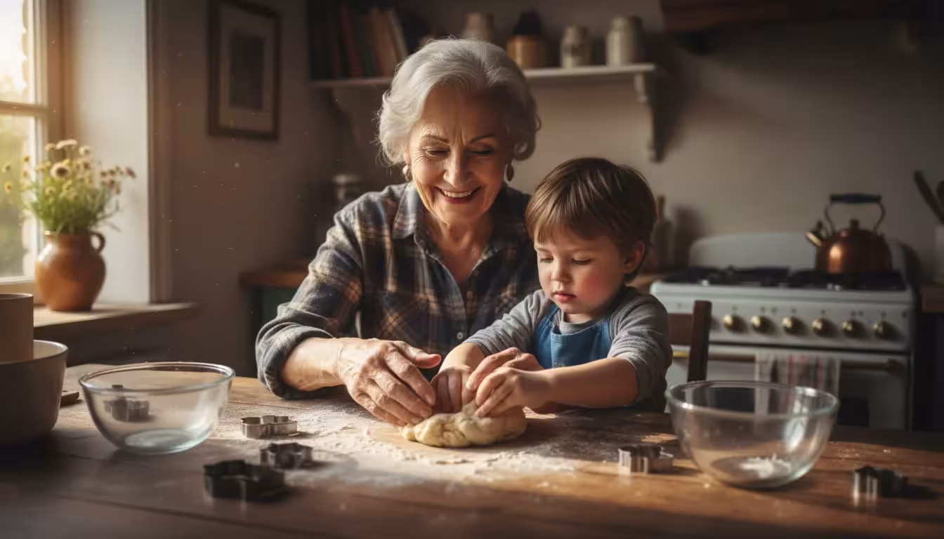 Older woman and young child baking cookies together at a wooden table, their hands covered in flour.
