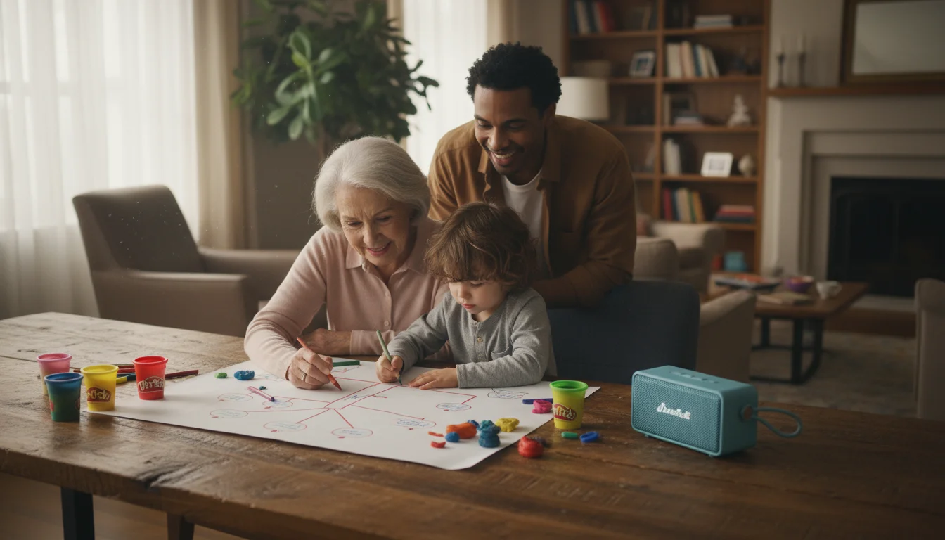 An older woman and a young child drawing a family tree poster with crayons at a wooden table, with craft supplies around them.