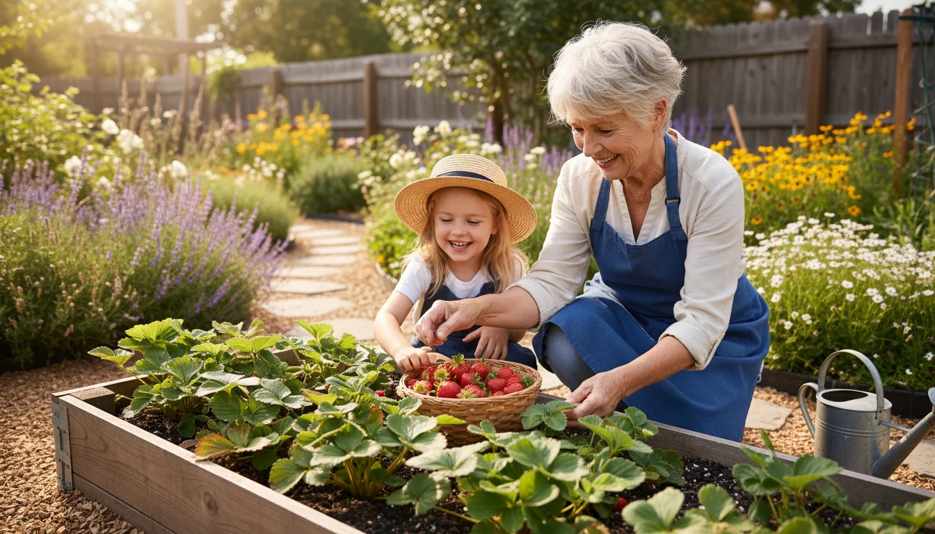 An older woman and a young child kneel in a garden, picking red strawberries from a raised bed into a wicker basket.