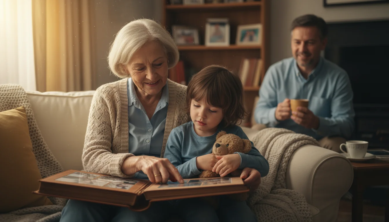 An older woman and a young child sit on a sofa, looking at a photo album. A middle-aged adult watches them in the background.