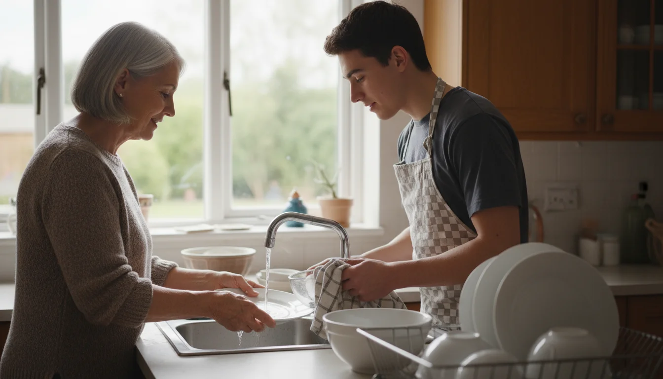 Older woman and younger adult drying dishes side-by-side at a kitchen sink after a family meal.