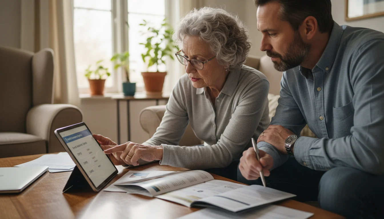 Older woman and younger man reviewing dental insurance plan details on a tablet and brochures at a table.
