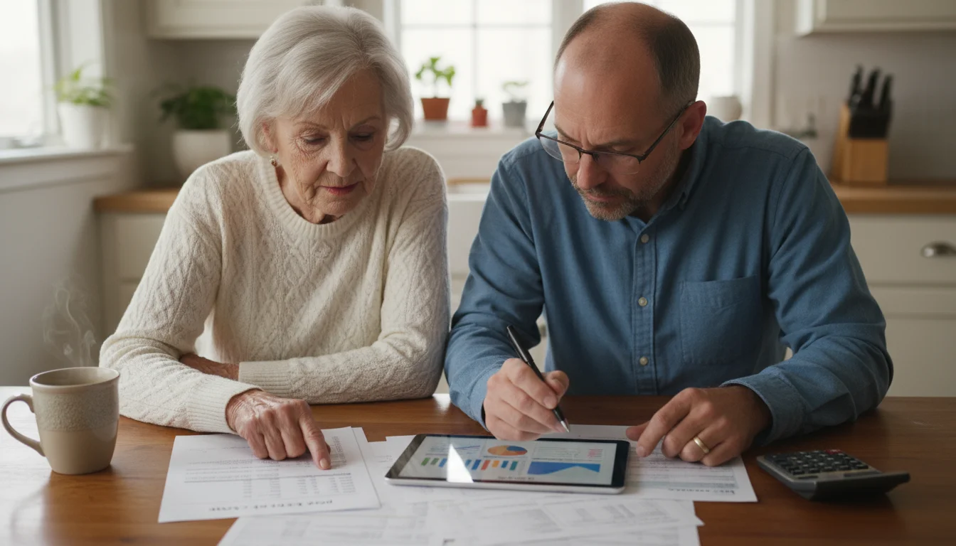 An older woman and younger man sit at a kitchen table, reviewing financial documents like HOA fees and bank statements with a tablet and calculator.