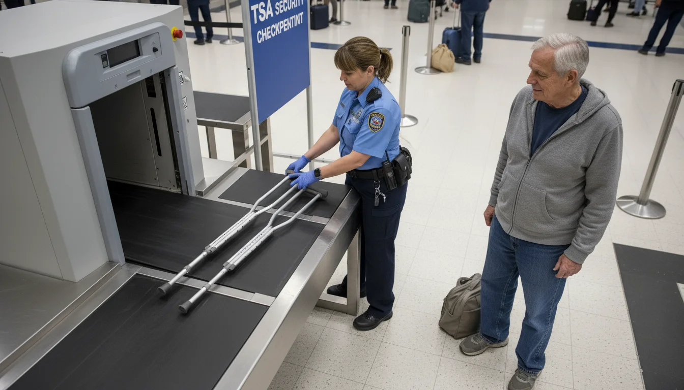 A pair of crutches comes out of an airport X-ray machine as a TSA officer prepares to inspect them, watched by an older adult.