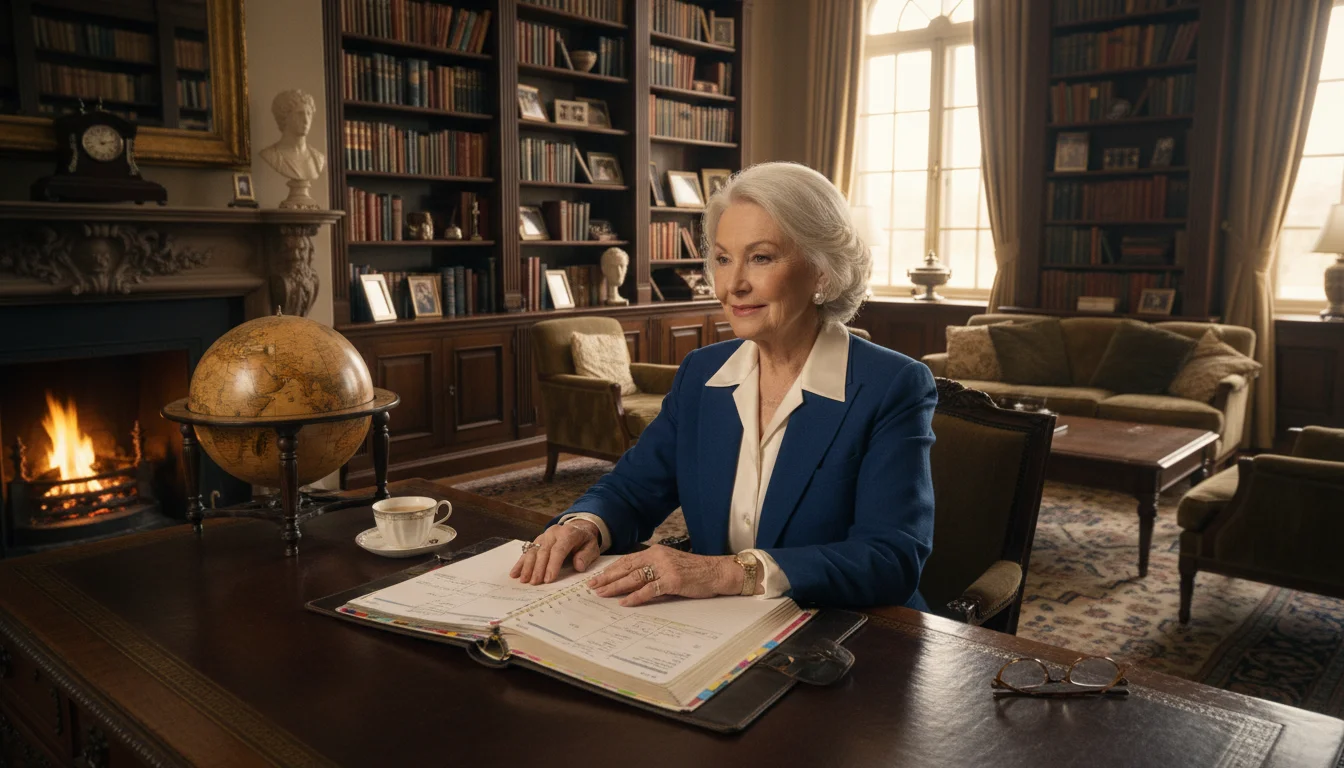 A poised senior woman at an elegant wooden desk, hands on a financial planner, looking calm and confident in a well-appointed study.