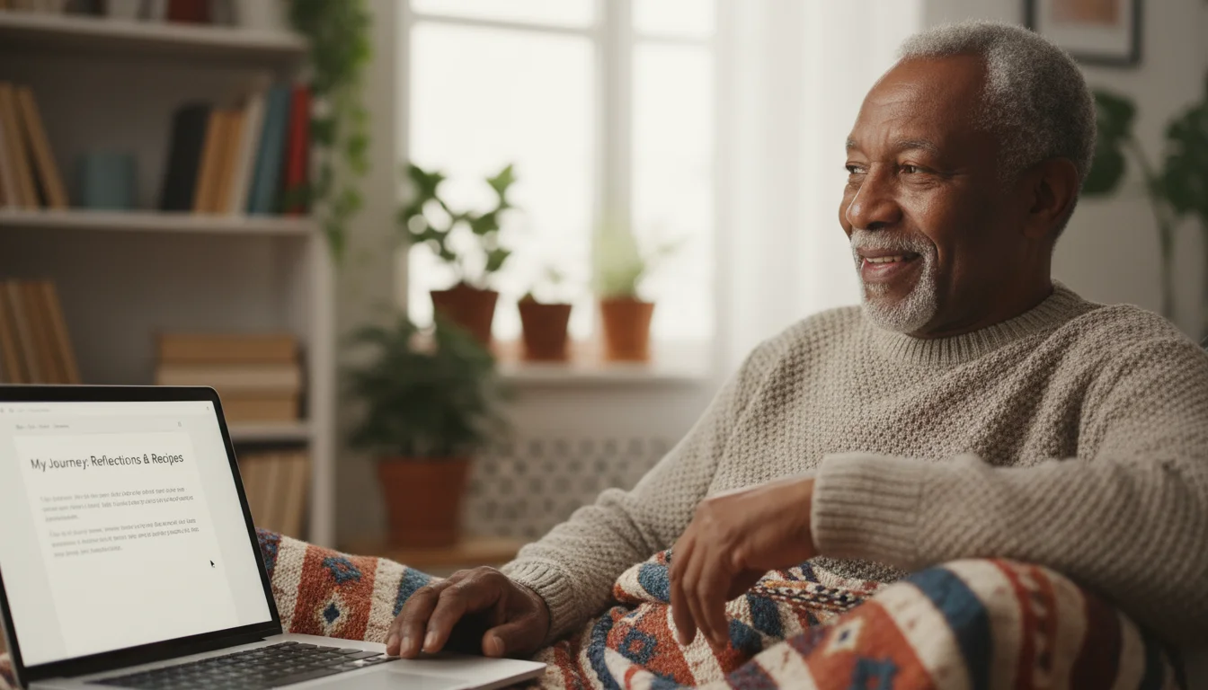 A relaxed older man in a cozy living room smiles gently at a simple blog interface on his laptop.