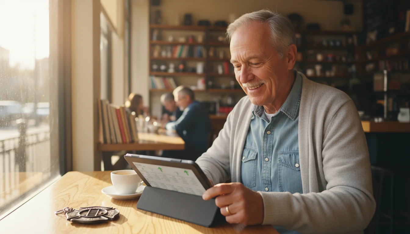A retired male firefighter, mid-70s, smiles warmly while looking at a tablet at a sunny coffee shop window table.