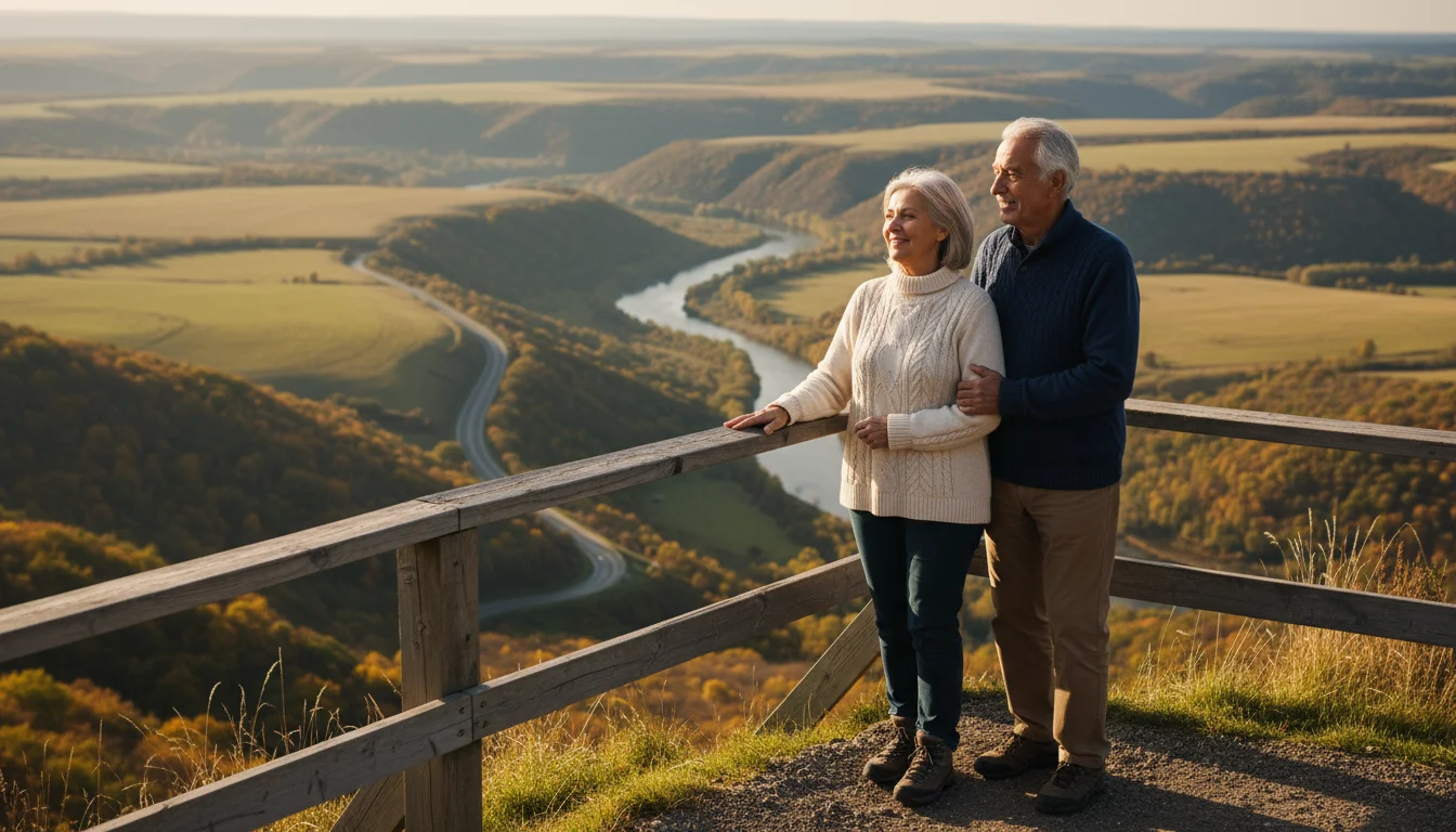 A senior couple, arm-in-arm, looks out at a vast, beautiful landscape with a winding road from a scenic viewpoint.