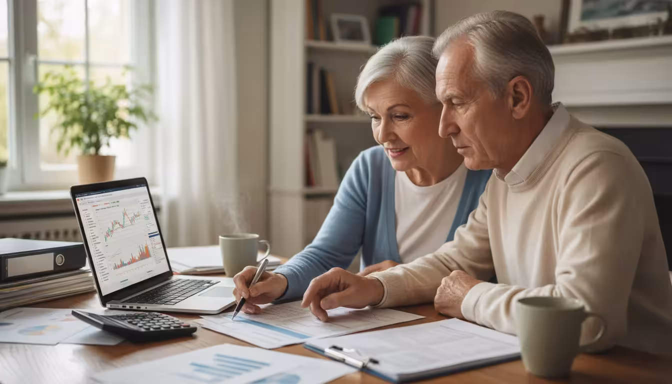A senior couple reviews financial documents, a calculator, and a laptop at a home office desk, planning for retirement.