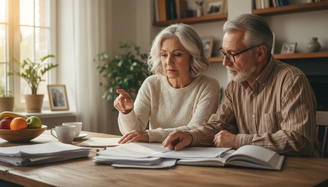 A senior couple sits at a dining table, reviewing financial documents together, the woman pointing to a section.
