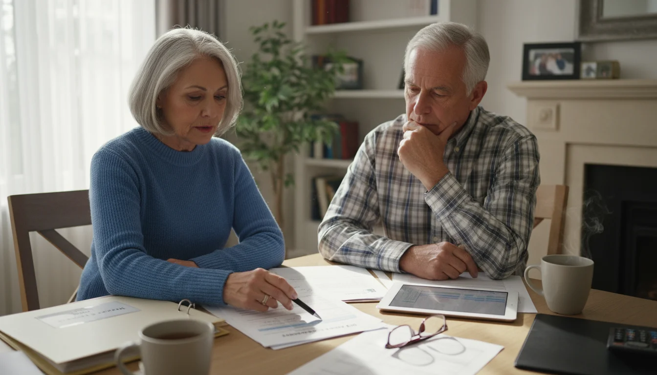 A senior couple sits at a dining table, the woman points with a pen to a financial statement while the man listens closely. Other important financial 