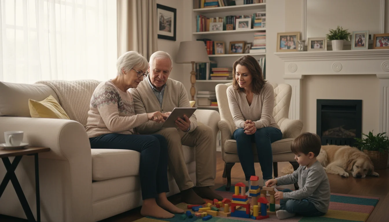 A senior couple sits on a sofa discussing something, an adult daughter watches with a gentle smile, and a child plays on the floor.