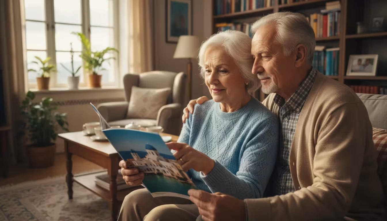 A senior couple in their bright living room, smiling thoughtfully as they look at an open travel brochure showing an Italian village.