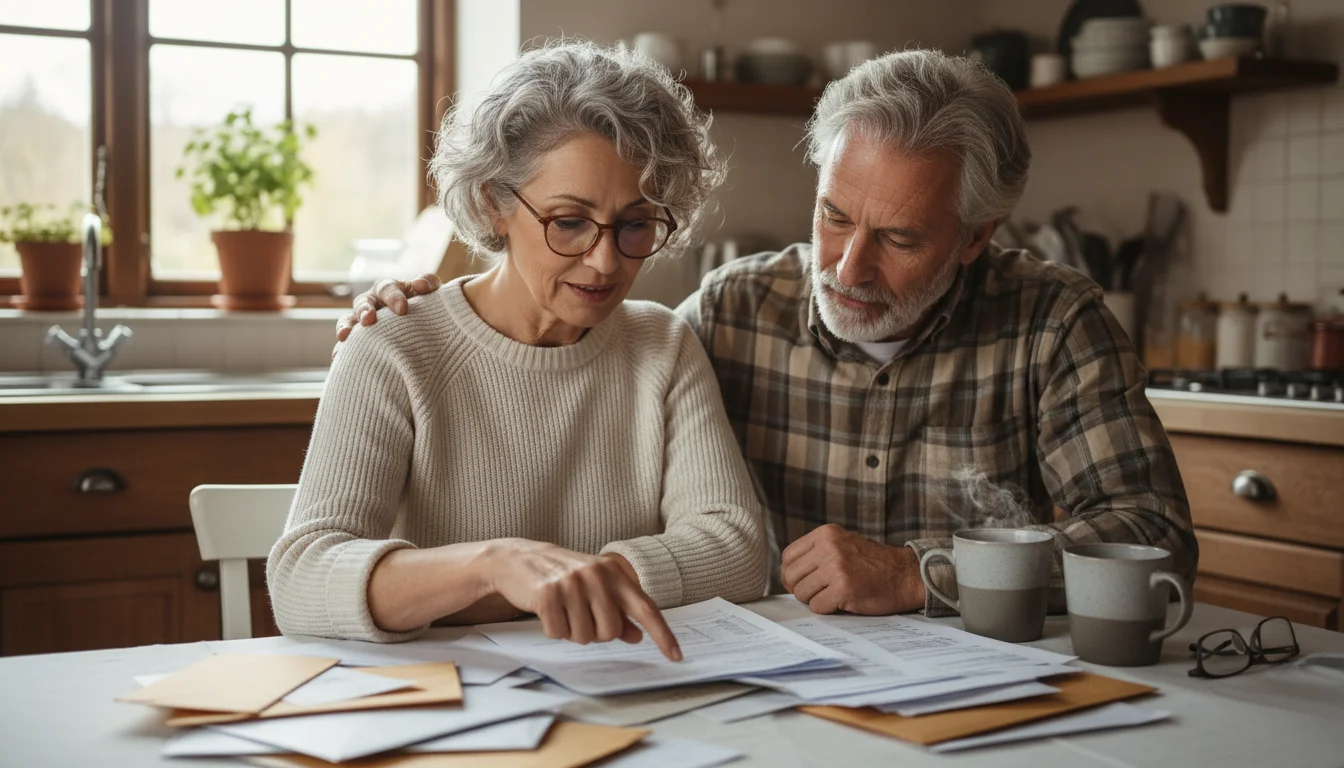 A senior couple, a woman with glasses and a man in a plaid shirt, sit at a kitchen table reviewing documents. The woman points to text on a paper.