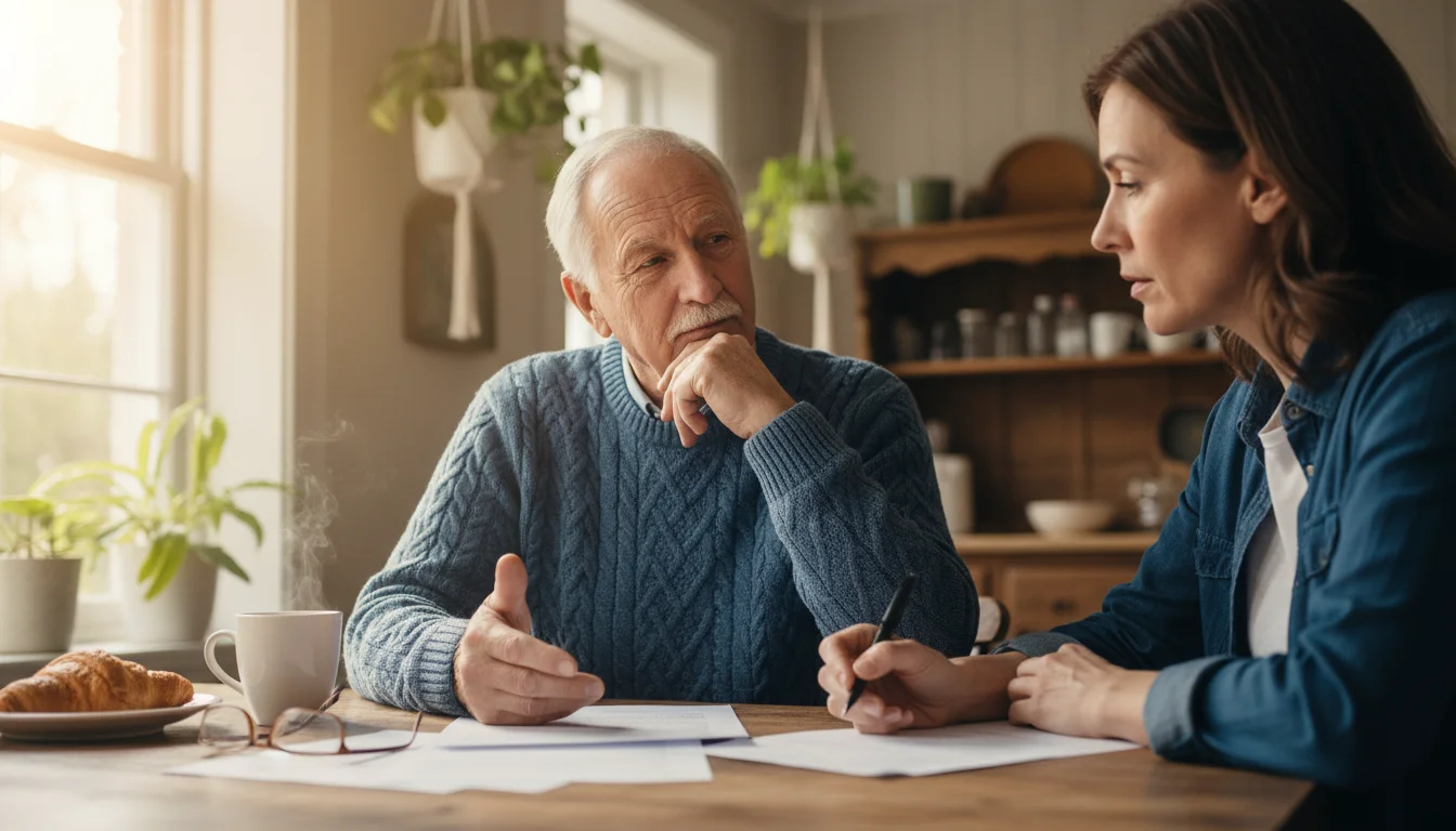 Senior father and adult daughter at a kitchen table, reviewing documents together in soft window light.
