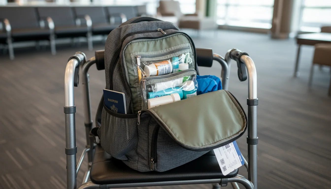 A senior's hand organizes travel essentials in a clear pouch inside a carry-on bag on a walker seat.