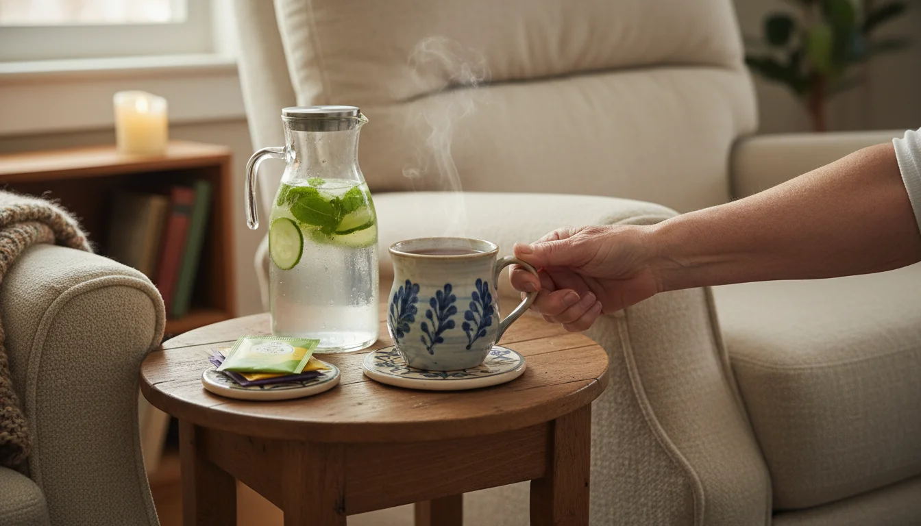 A senior's hand reaches for a ceramic mug at a hydration station with a glass pitcher of cucumber-mint water and tea bags on a side table next to a re