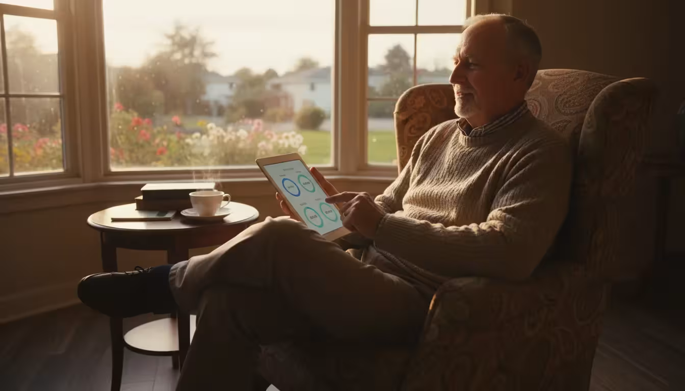 A senior man with a gentle smile sits in a sunlit armchair, thoughtfully viewing a financial app with colorful segments on a digital tablet.