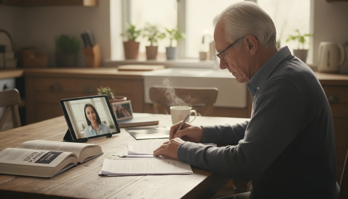 Senior man, late 60s, views legal documents at his kitchen table with an estate planning guide and a tablet showing a video call.