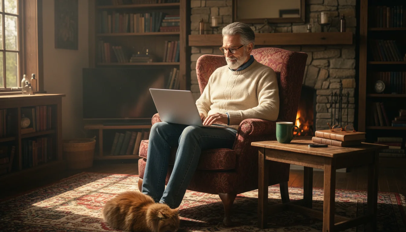 A senior man with reading glasses typing on a laptop in a sunlit armchair in his living room.