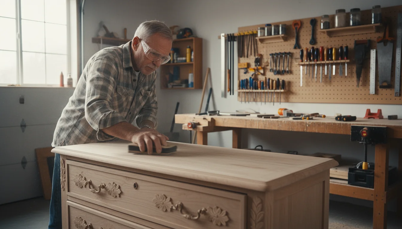 A senior man with safety glasses carefully sands an old wooden dresser in a sunlit workshop, restoring it for resale.